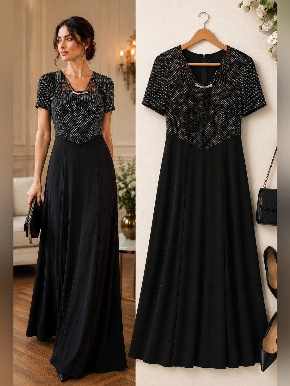Joseph Ribkoff Black Polka Dot Maxi Dress Sz 10 Stretch Evening Cocktail Formal
